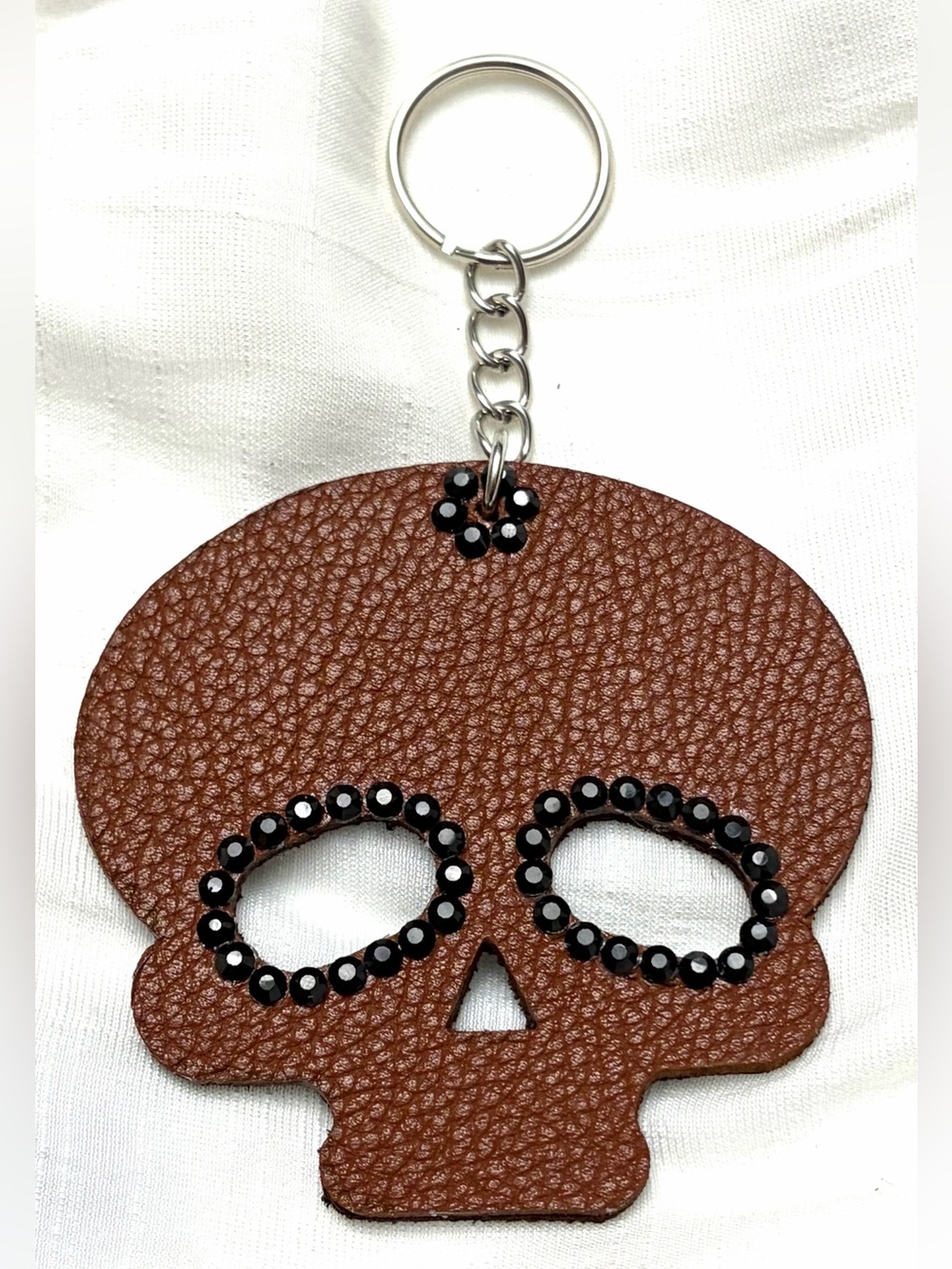 Upcycled COACH Brown Skull Keychain with Black Stud Accents